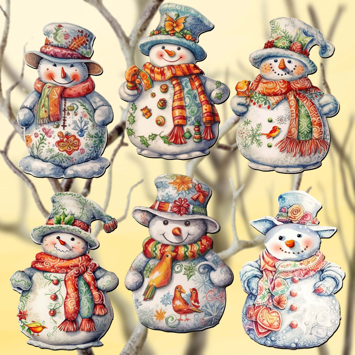 Snowman Decorative Wooden Clip-on Ornaments Set of 6 by G. Debrekht - Christmas Decor - 8090023C-S6
