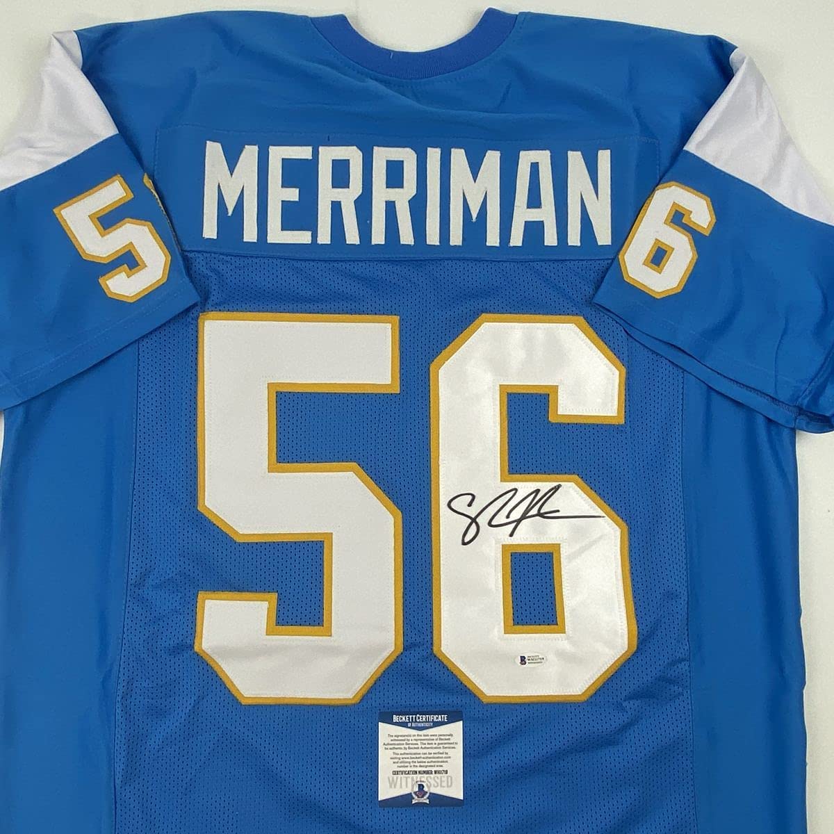Camiseta de fútbol azul claro de San Diego de Shawne Merriman, autografiada y firmada, Beckett BAS COA