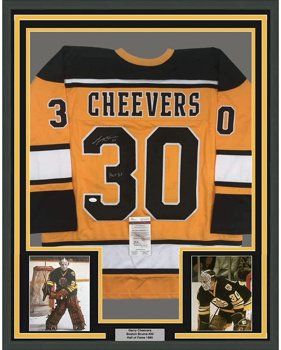 Camiseta de hockey amarilla de Boston, enmarcada, autografiada y firmada por Gerry Cheevers, HOF 85, 35 x 39, JSA COA