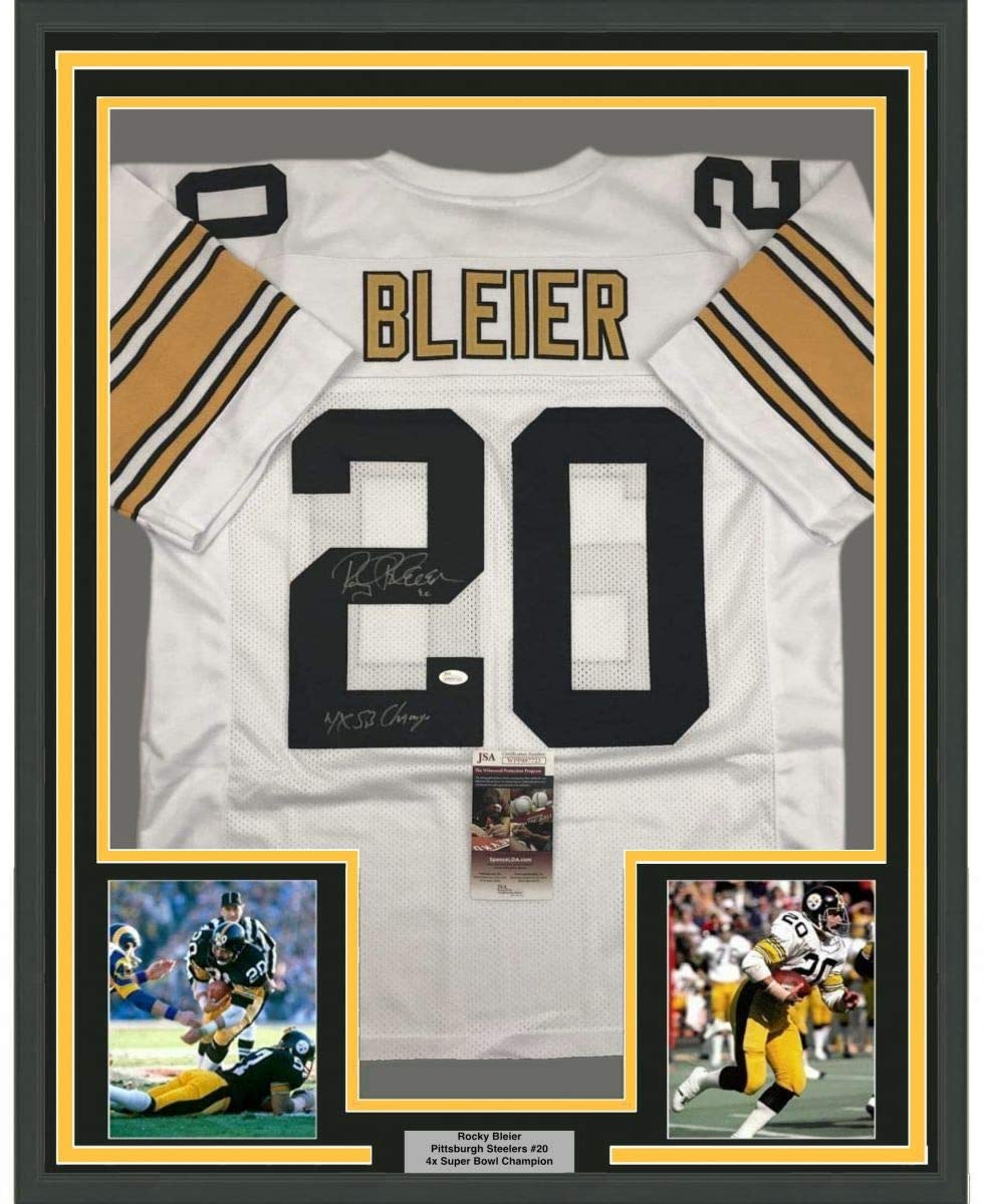 Camiseta de fútbol americano de Pittsburgh, blanca, enmarcada, autografiada y firmada por Rocky Bleier, 4x SB Champ, 35 x 39, JSA COA