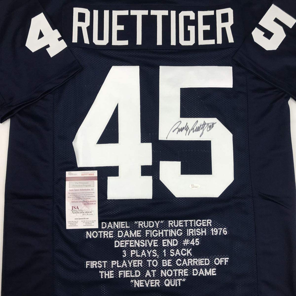 Camiseta de fútbol americano universitario autografiada/firmada por Rudy Ruettiger de Notre Dame Blue Stat JSA COA