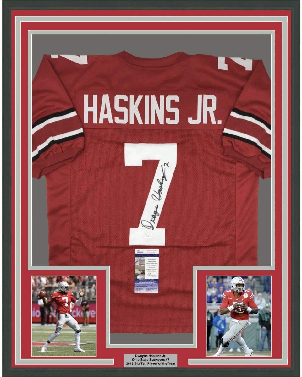 Camiseta de fútbol americano universitario enmarcada, autografiada y firmada por Dwayne Haskins Jr., 35 x 39, color rojo de Ohio State, JSA COA