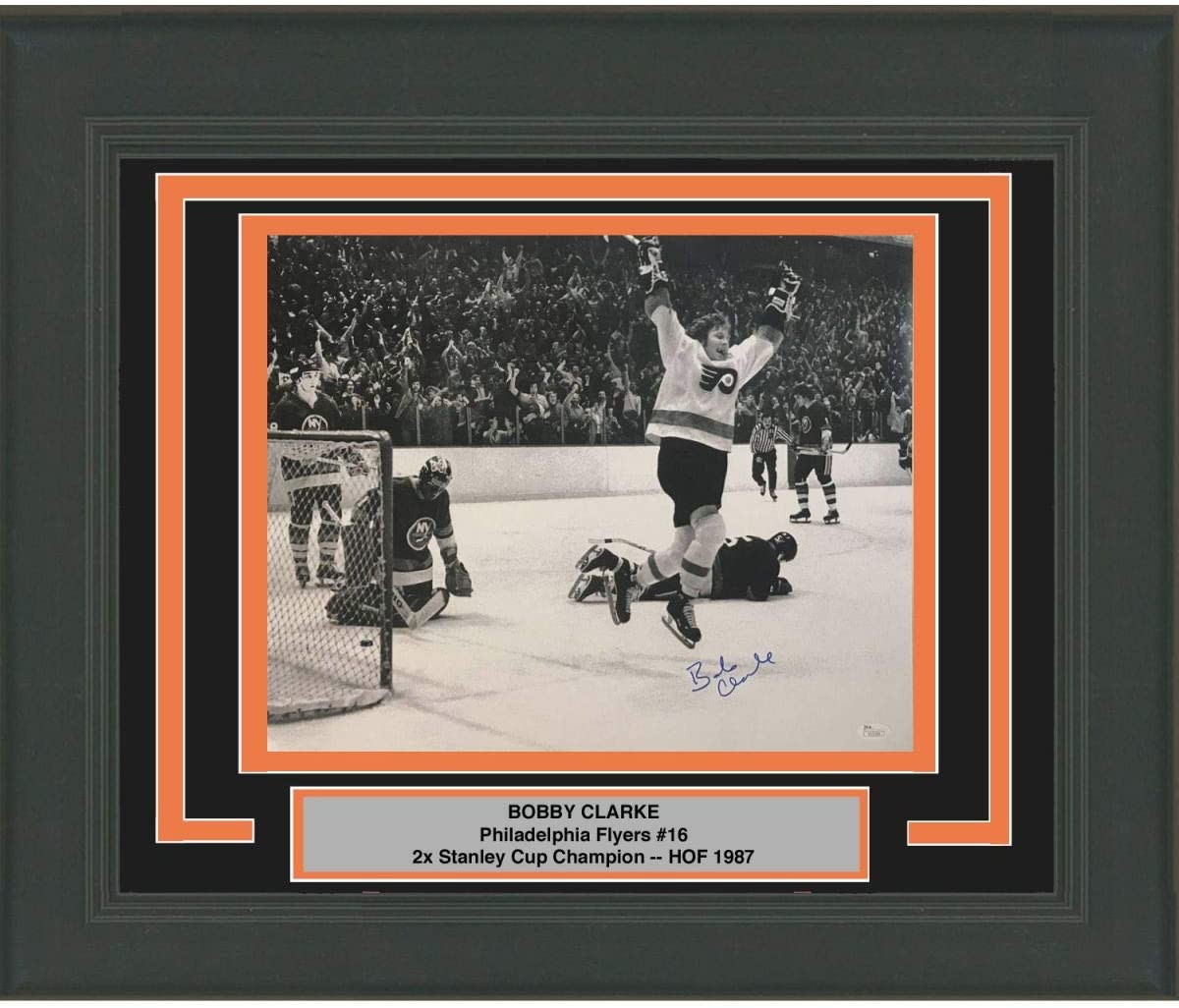Fotografía enmarcada y autografiada de Bobby Bob Clarke en blanco y negro de los Philadelphia Flyers, 16 x 20, de hockey, JSA COA