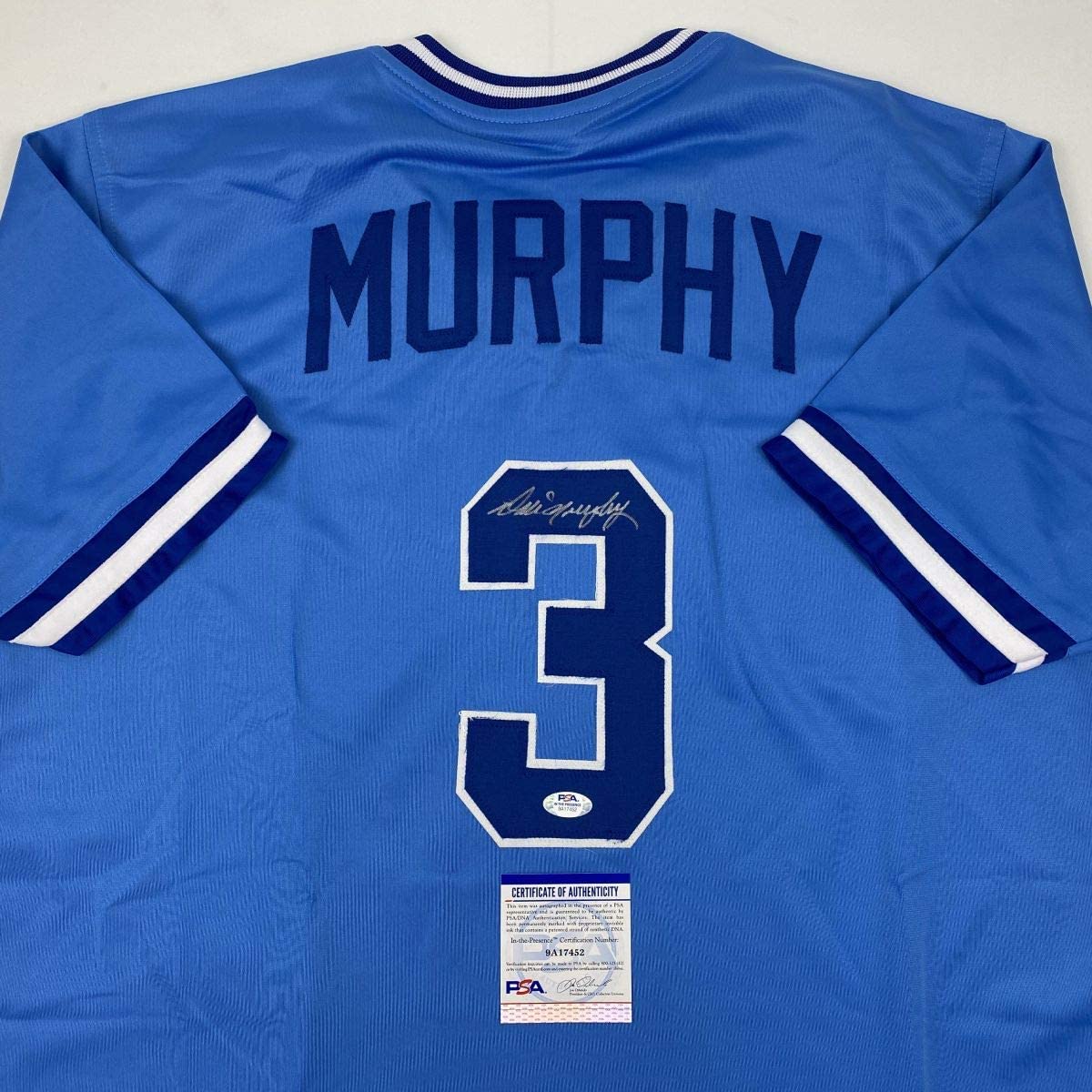 Camiseta de béisbol azul claro de Atlanta autografiada/firmada por Dale Murphy. PSA/Certificado de ADN.