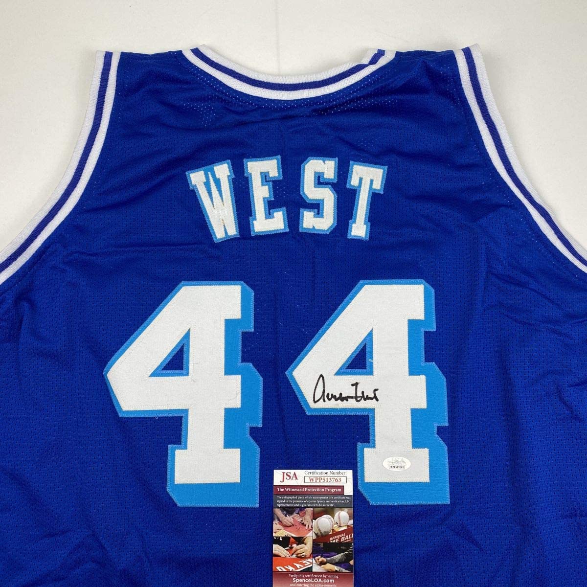 Autographed/Signed Jerry West Los Angeles LA Blue Basketball Jersey JSA COA