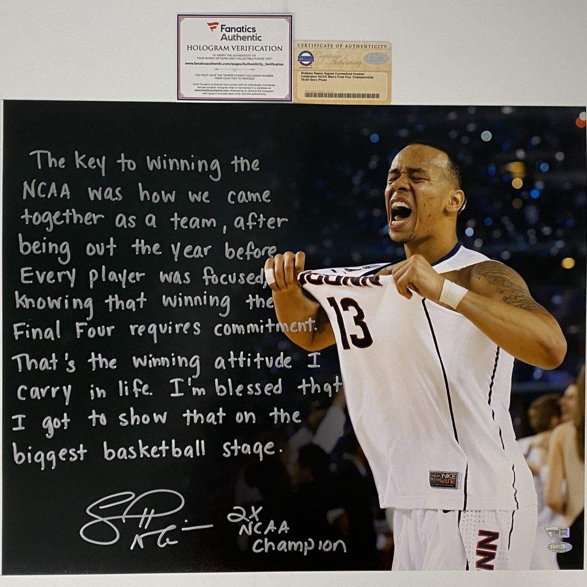 Foto de baloncesto universitario autografiada/firmada por Shabazz Napier con historia inscrita de los UConn Huskies, 16 x 20, Fanatics COA
