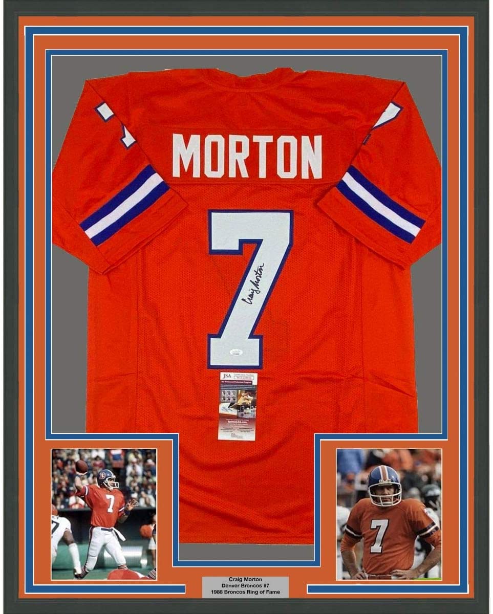 Camiseta de fútbol americano enmarcada, autografiada y firmada por Craig Morton, 35 x 39, color naranja de Denver, JSA COA