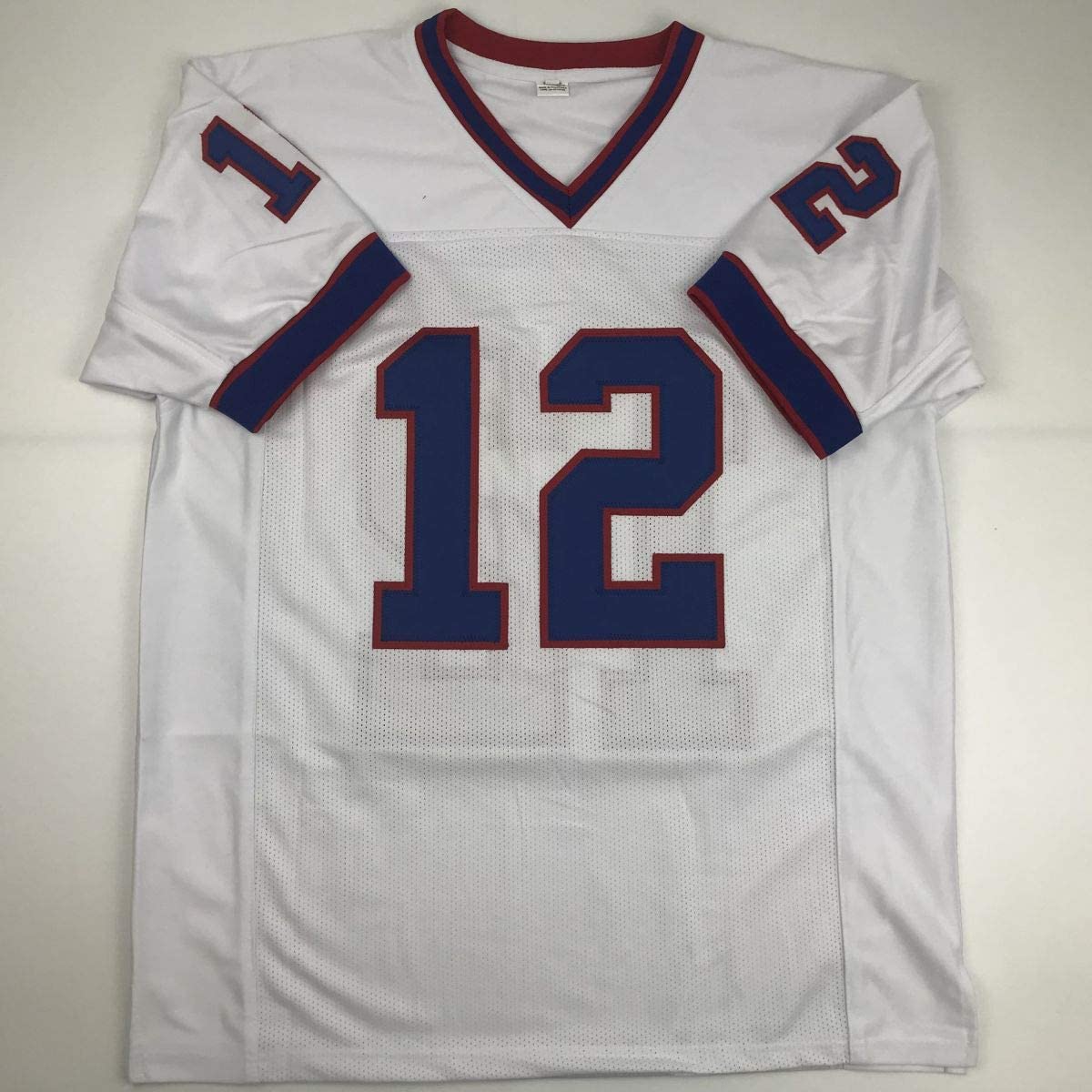 Camiseta de fútbol americano blanca de búfalo autografiada/firmada de Jim Kelly JSA COA