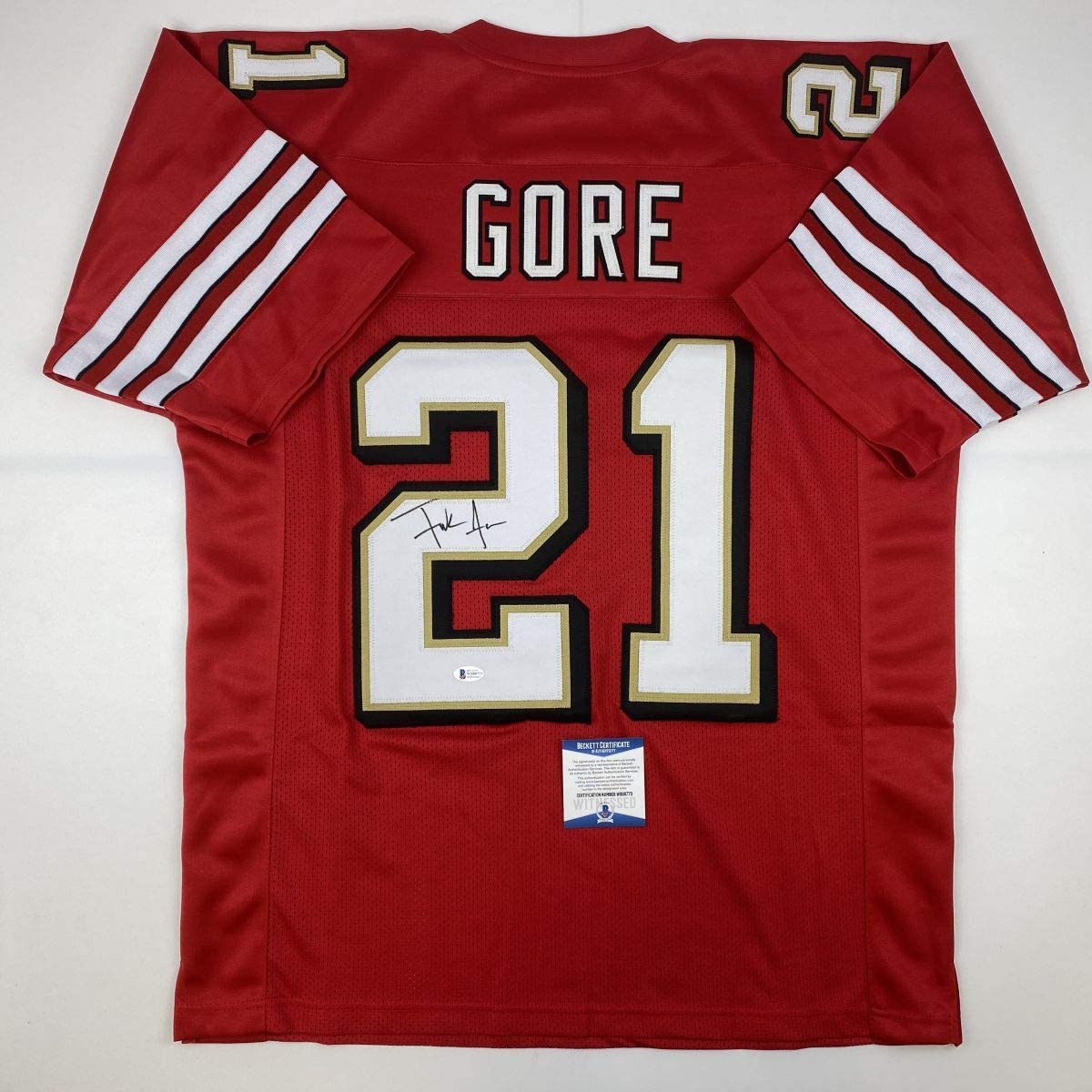 Camiseta de fútbol roja de San Francisco autografiada/firmada por Frank Gore Beckett BAS COA