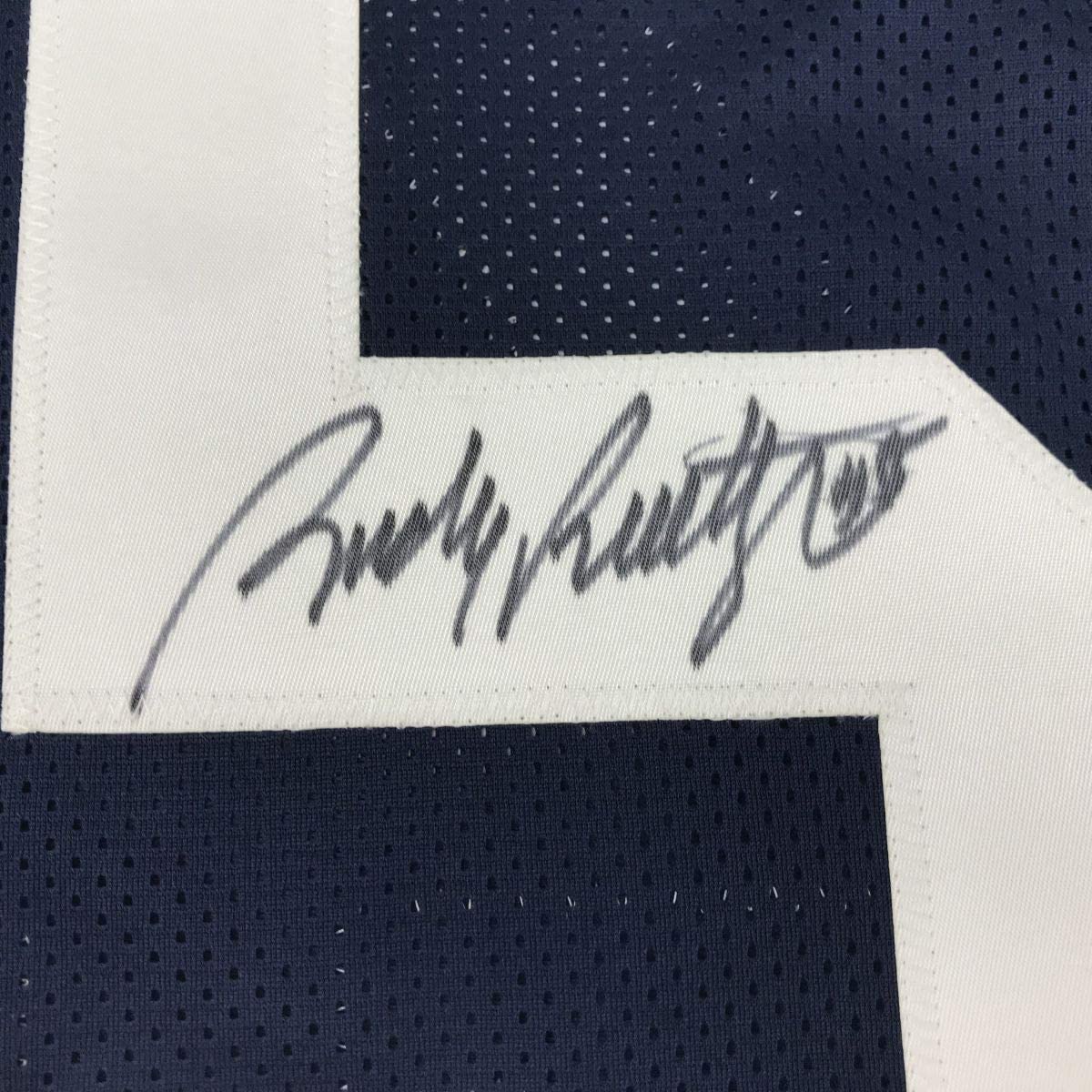 Camiseta de fútbol americano universitario autografiada/firmada por Rudy Ruettiger de Notre Dame Blue Stat JSA COA