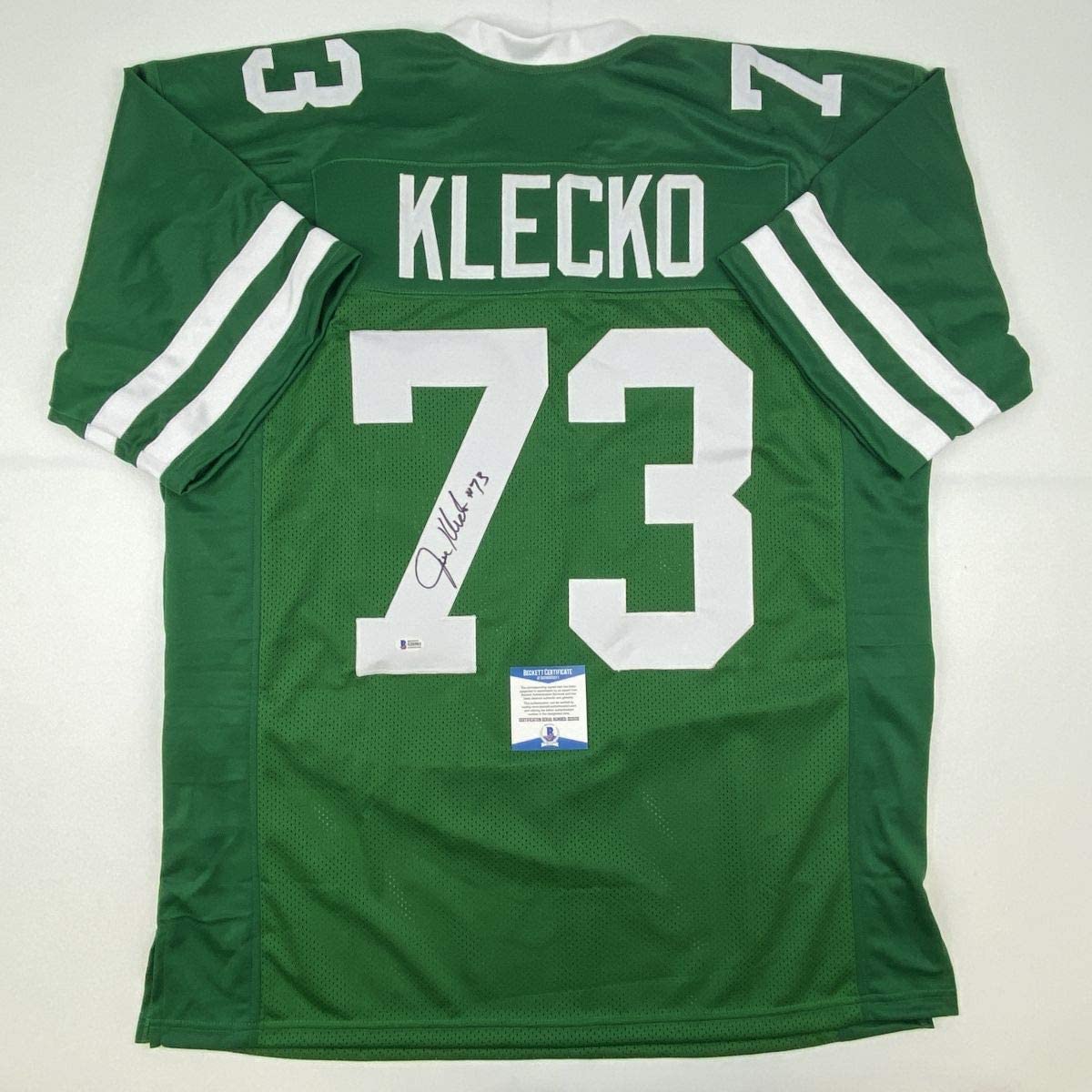 Camiseta de fútbol verde de Nueva York autografiada/firmada por Joe Klecko Beckett BAS COA