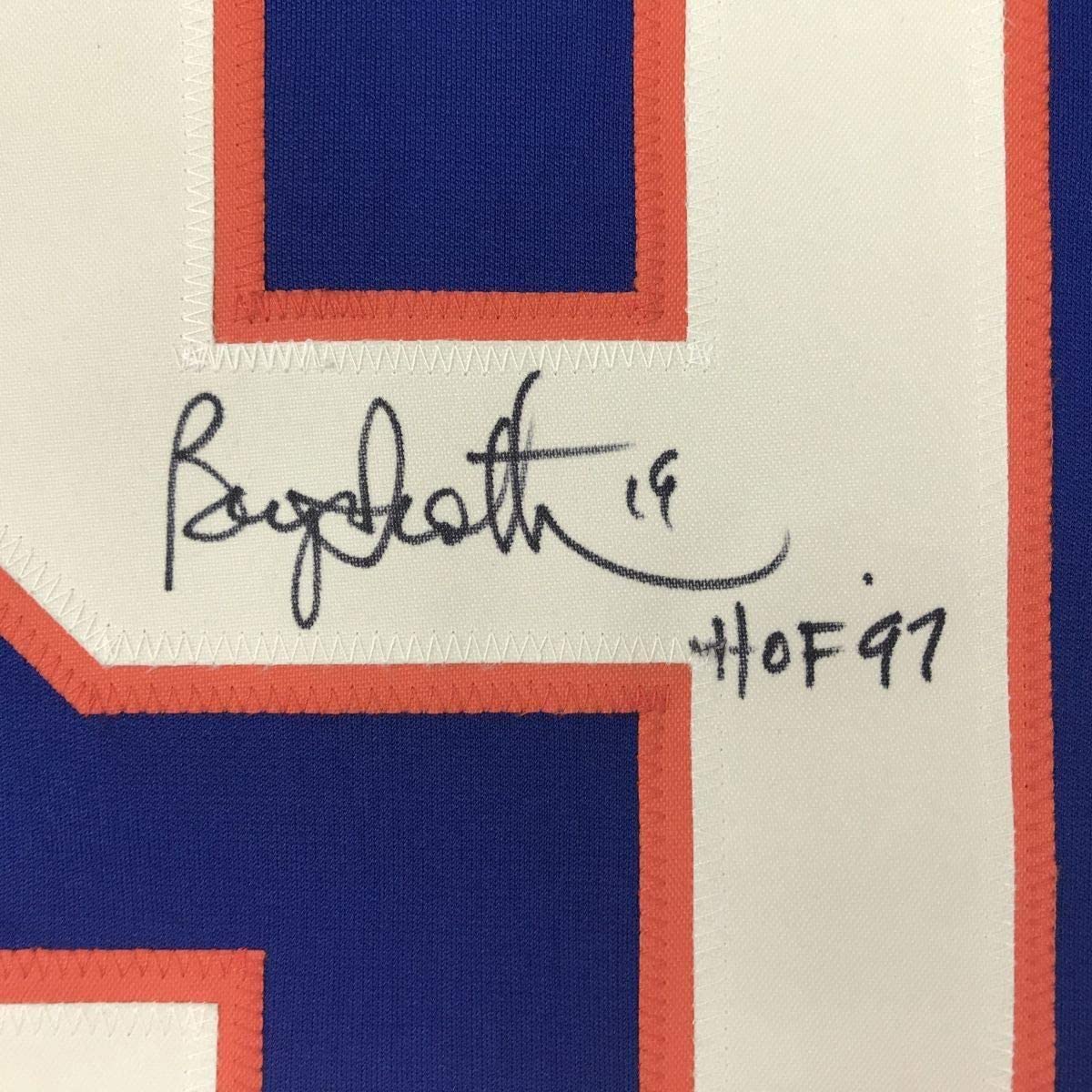 Camiseta de hockey azul de Nueva York, enmarcada, autografiada y firmada por Bryan Trottier, HOF 97, 35 x 39, JSA COA