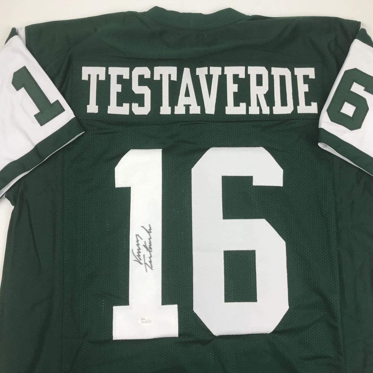 Camiseta de fútbol verde de Nueva York autografiada/firmada por Vinny Testaverde (JSA COA)