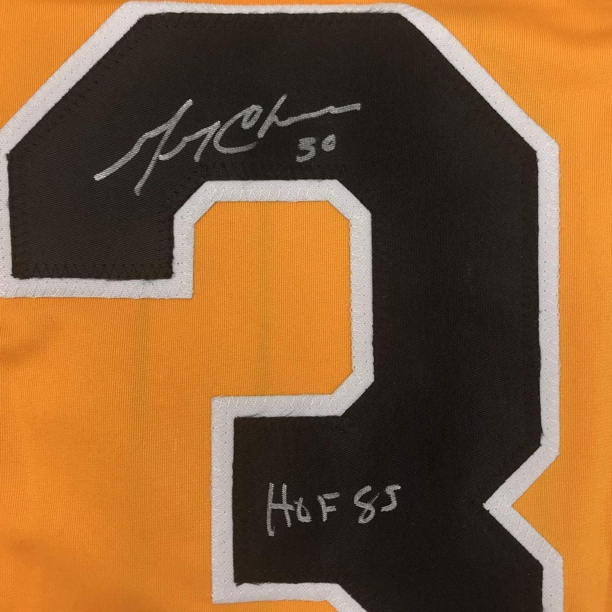 Camiseta de hockey amarilla de Boston, enmarcada, autografiada y firmada por Gerry Cheevers, HOF 85, 35 x 39, JSA COA