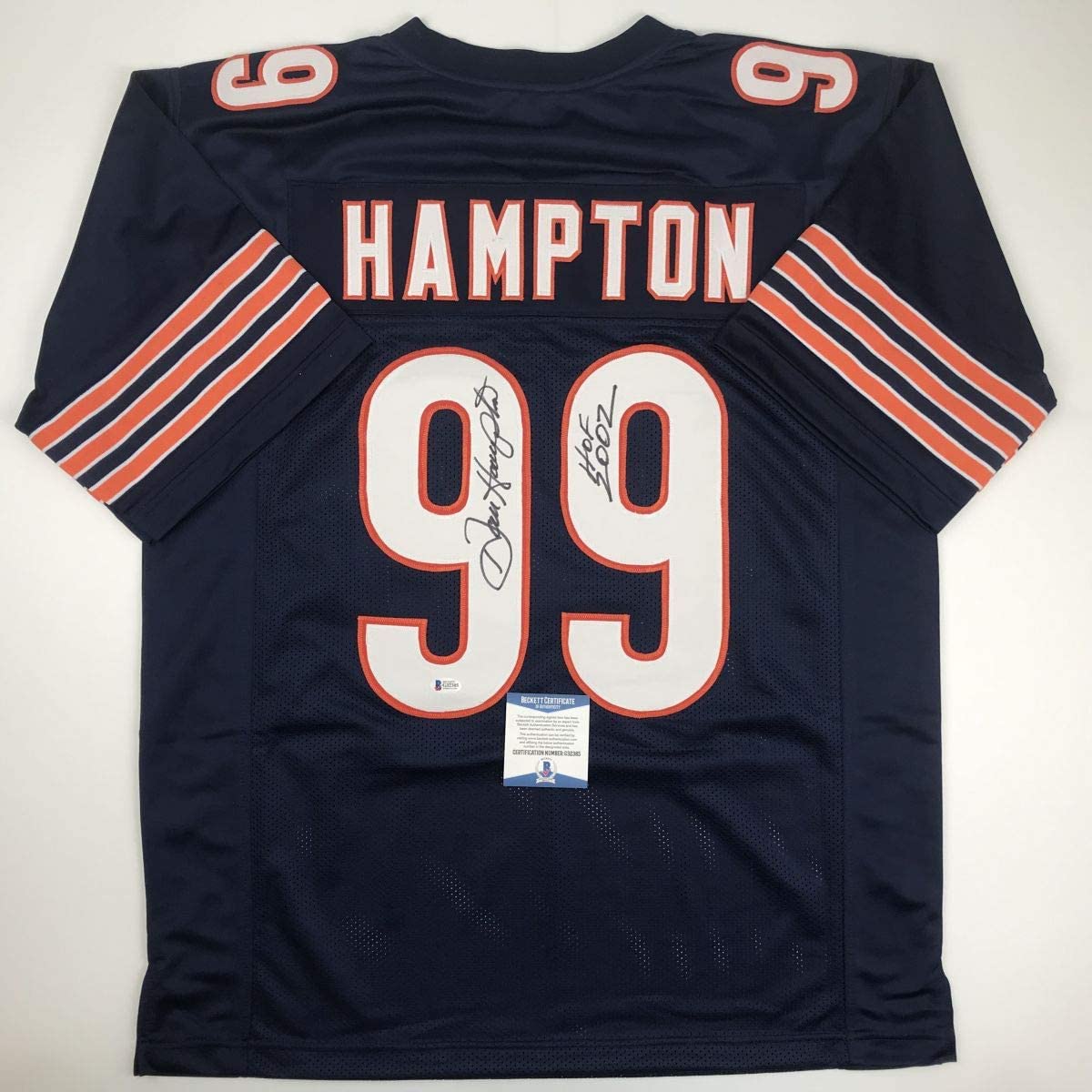 Autographed/Signed Dan Hampton HOF 2002 Chicago Blue Football Jersey Beckett BAS COA
