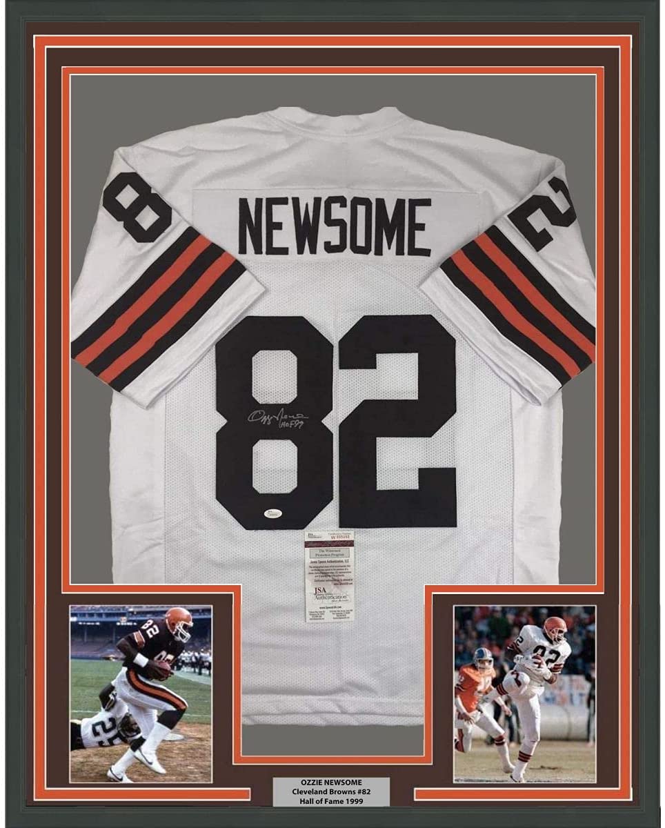 Camiseta de fútbol americano Cleveland blanca, enmarcada, autografiada y firmada por Ozzie Newsome, HOF 99, 35 x 39, JSA COA
