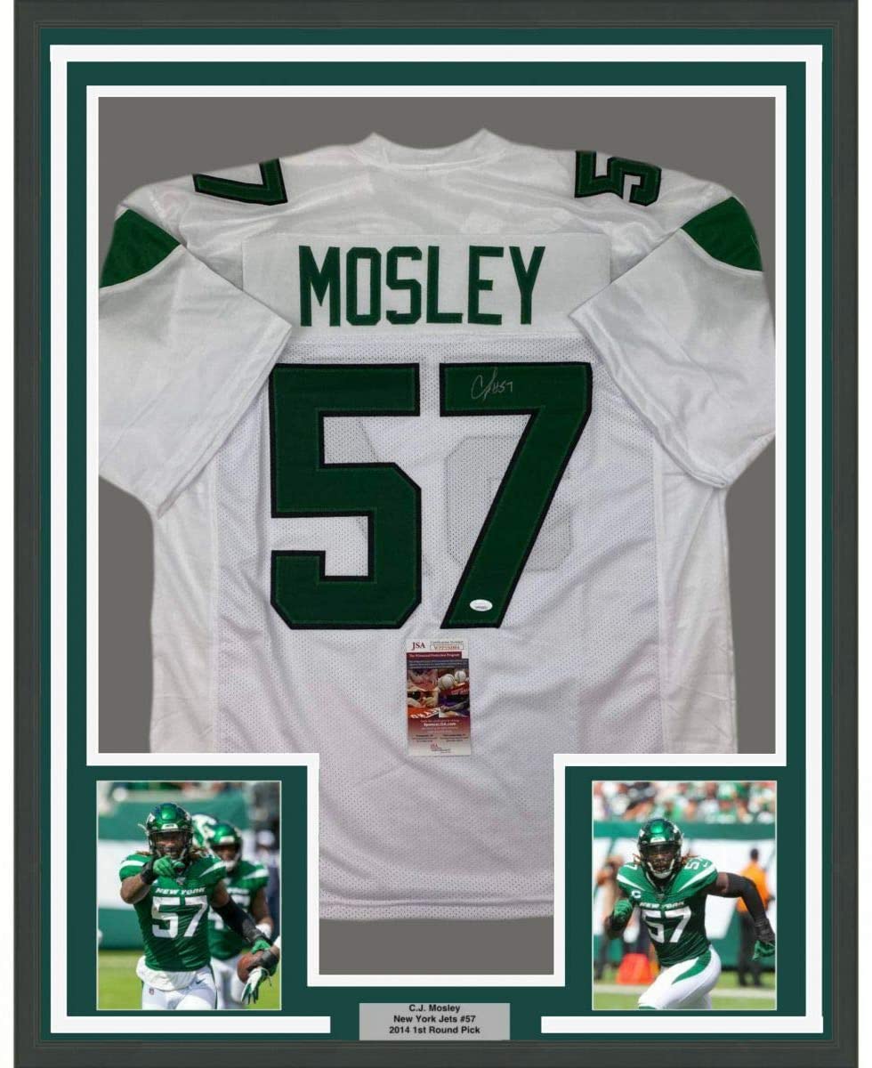 Camiseta de fútbol blanca de Nueva York, enmarcada, autografiada y firmada por CJ Mosley, 35 x 39, JSA COA