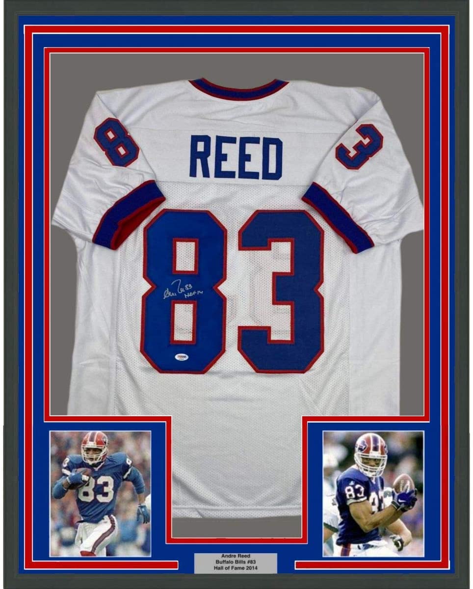Camiseta de fútbol americano enmarcada, autografiada y firmada por Andre Reed, HOF 14, 35 x 39, color blanco Buffalo, PSA/CÓDIGO DE ADN