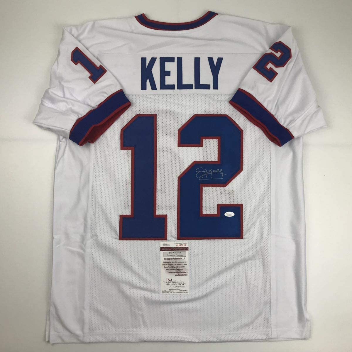 Camiseta de fútbol americano blanca de búfalo autografiada/firmada de Jim Kelly JSA COA