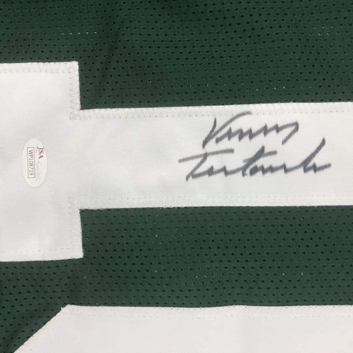 Camiseta de fútbol verde de Nueva York autografiada/firmada por Vinny Testaverde (JSA COA)