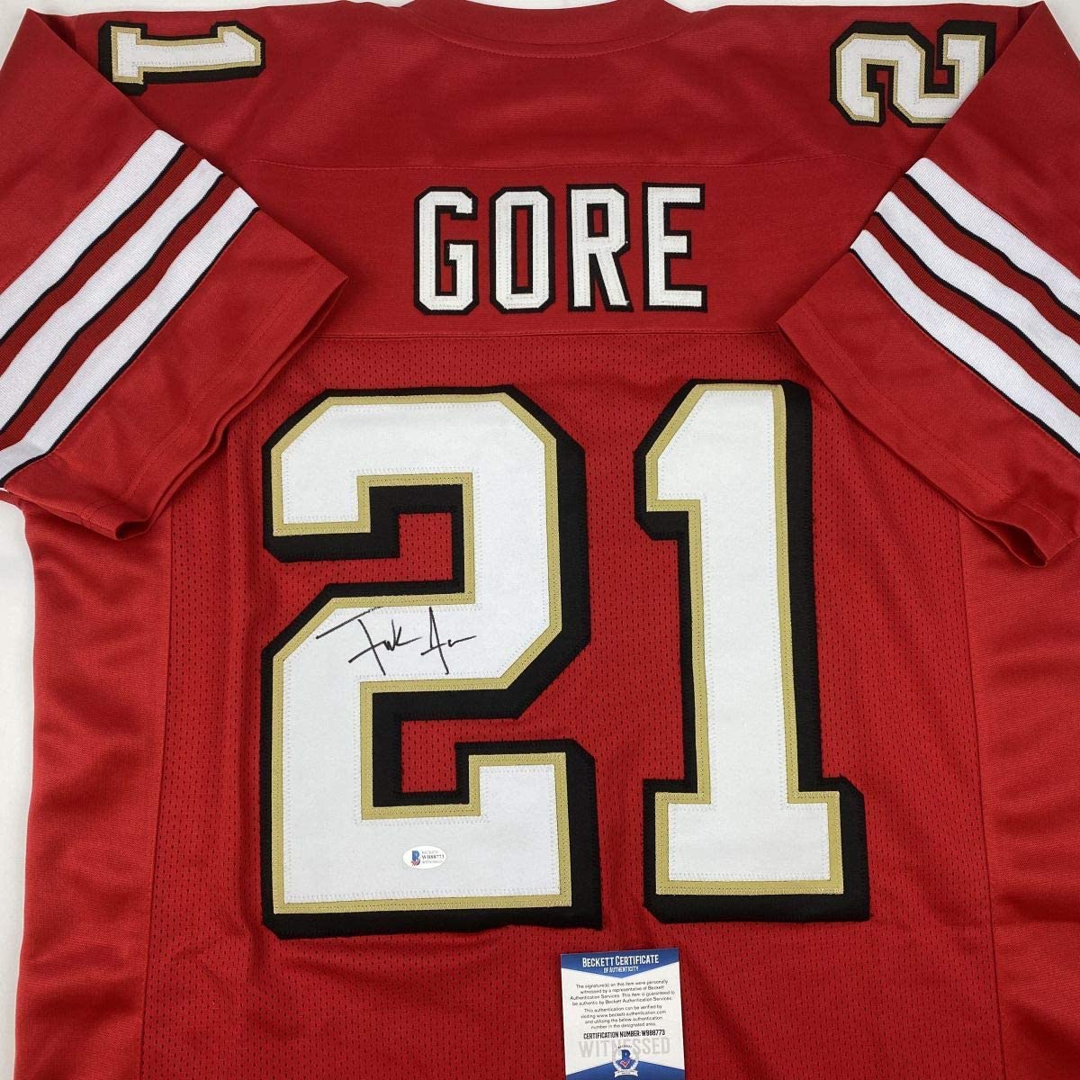 Camiseta de fútbol roja de San Francisco autografiada/firmada por Frank Gore Beckett BAS COA