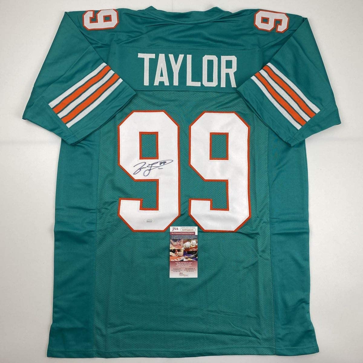 Camiseta de fútbol americano autografiada/firmada Jason Taylor Miami Teal JSA COA