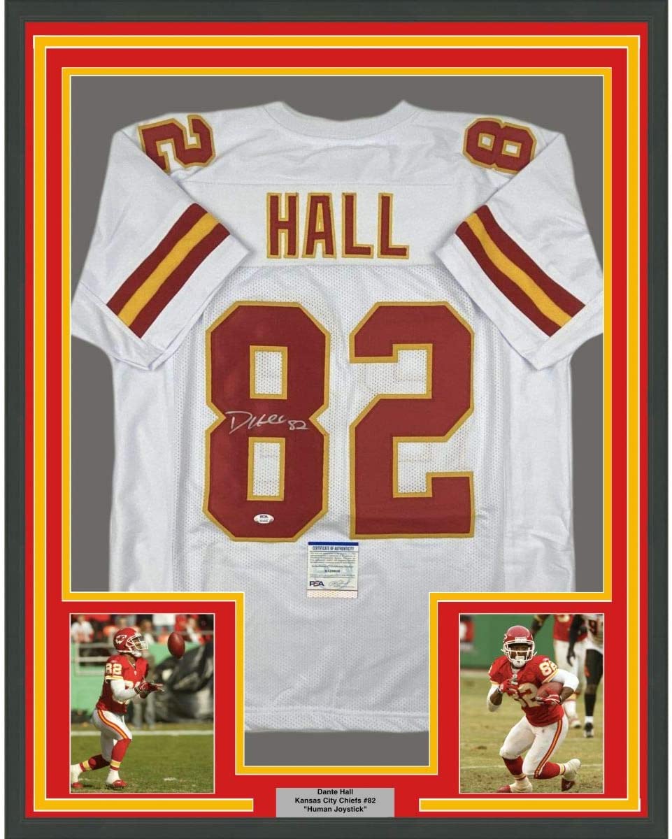 Camiseta de fútbol americano blanca de Kansas City, enmarcada, autografiada y firmada por Dante Hall, 35 x 39, con certificado de autenticidad de PSA y ADN.