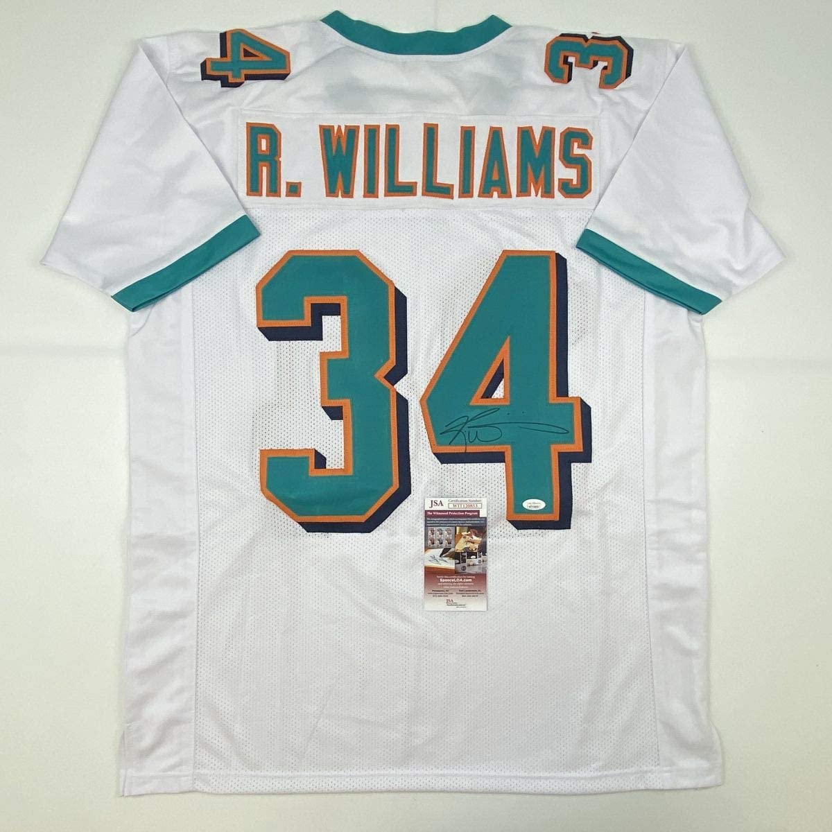 Camiseta de fútbol blanca de Ricky Williams de Miami autografiada/firmada JSA COA