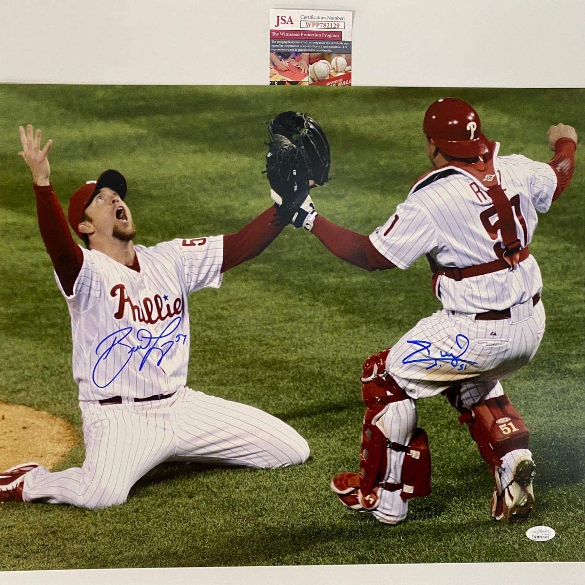 Foto de béisbol autografiada y firmada por Brad Lidge y Carlos Ruiz en la Serie Mundial de 2008 de los Philadelphia Phillies, 16 x 20, JSA COA