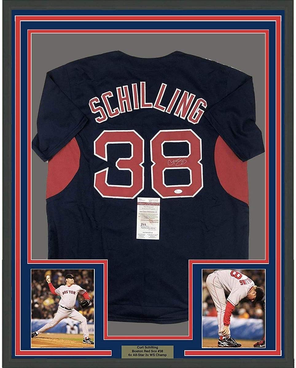 Camiseta de béisbol azul Boston de 35 x 39, enmarcada, autografiada y firmada por Curt Schilling, JSA COA