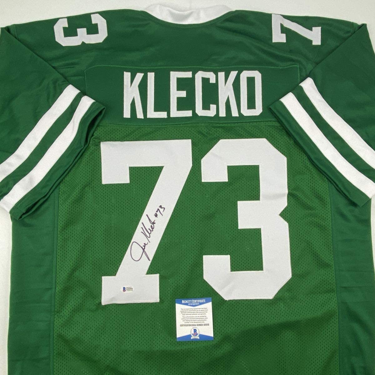 Camiseta de fútbol verde de Nueva York autografiada/firmada por Joe Klecko Beckett BAS COA