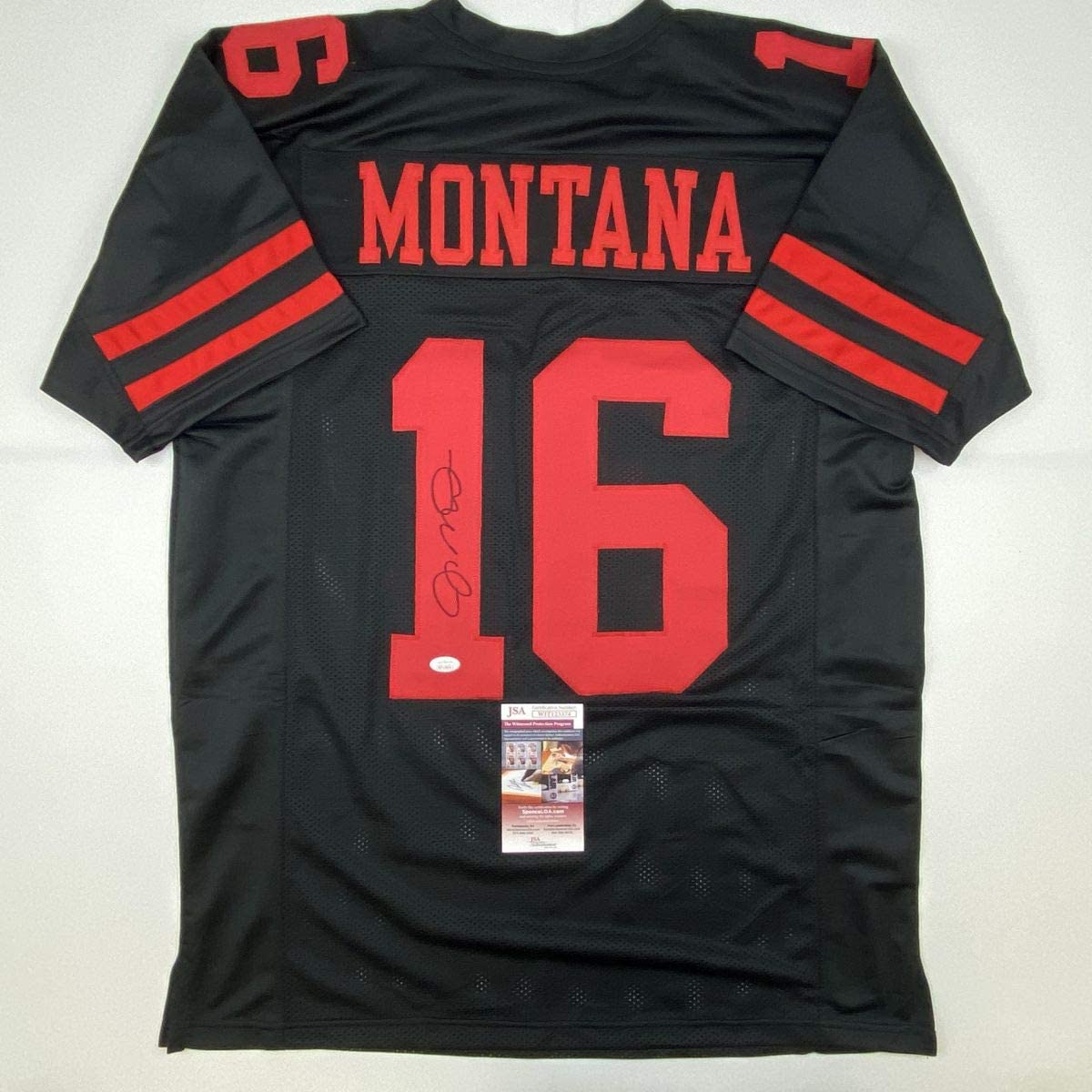 Camiseta de fútbol negra de San Francisco autografiada y firmada por Joe Montana (JSA COA)