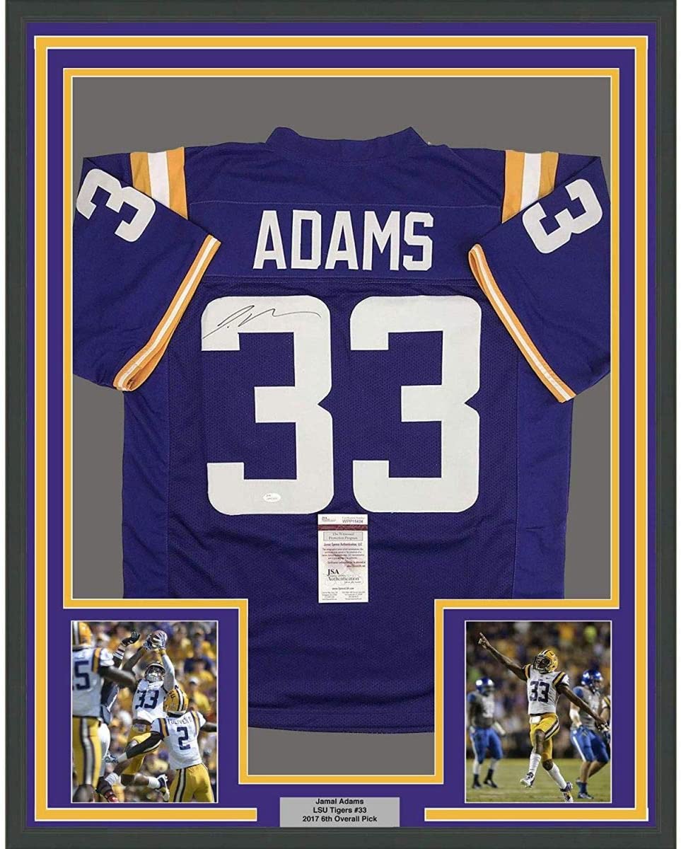 Camiseta de fútbol americano universitario de LSU, enmarcada, autografiada y firmada por Jamal Adams, 35 x 39, color morado, JSA COA