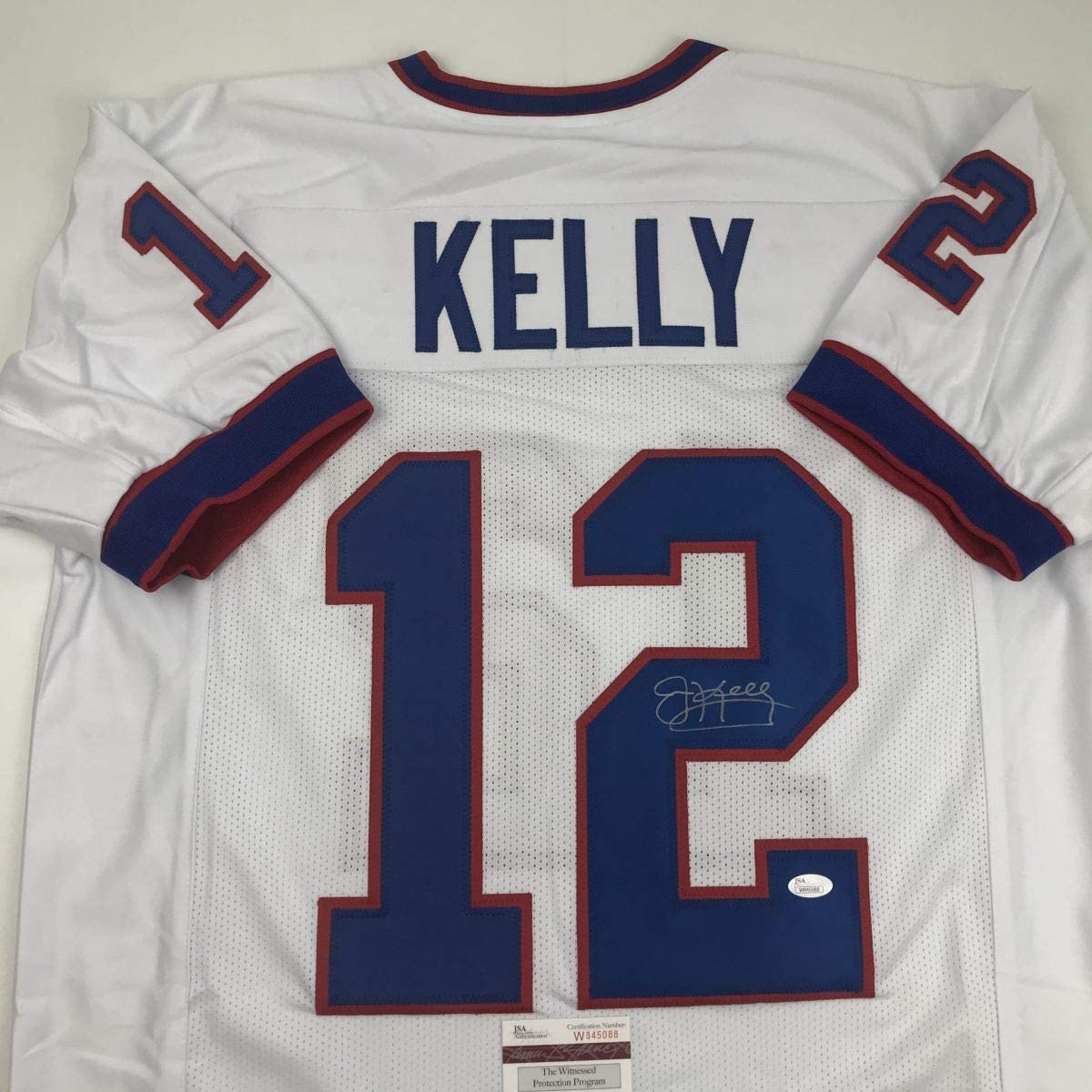 Camiseta de fútbol americano blanca de búfalo autografiada/firmada de Jim Kelly JSA COA