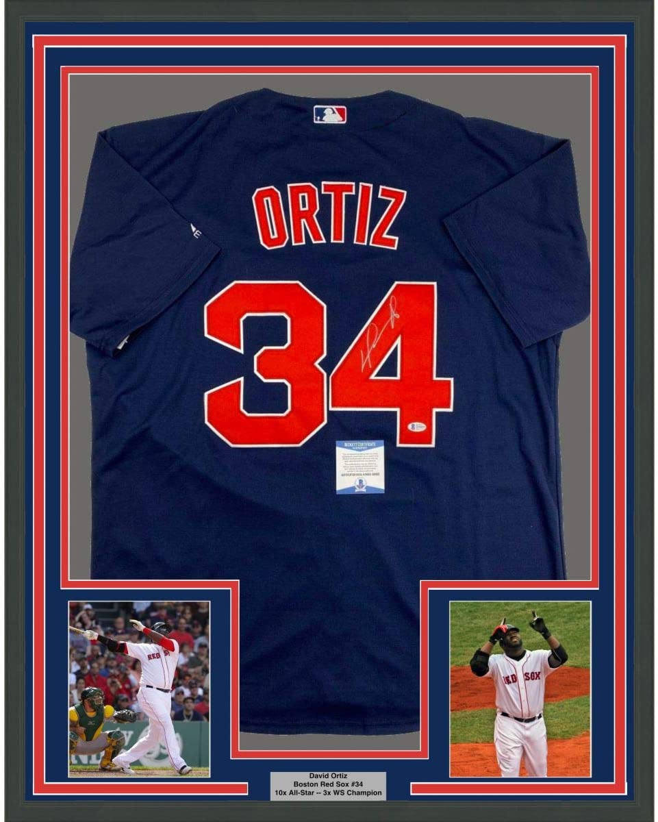 Camiseta de béisbol azul Boston de 35 x 39, enmarcada, autografiada y firmada por David Ortiz, JSA COA