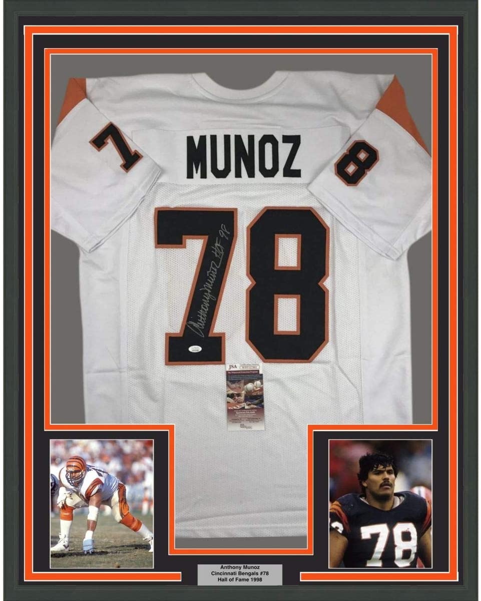 Framed Autographed/Signed Anthony Munoz HOF 98 35x39 Cincinnati White Football Jersey JSA COA