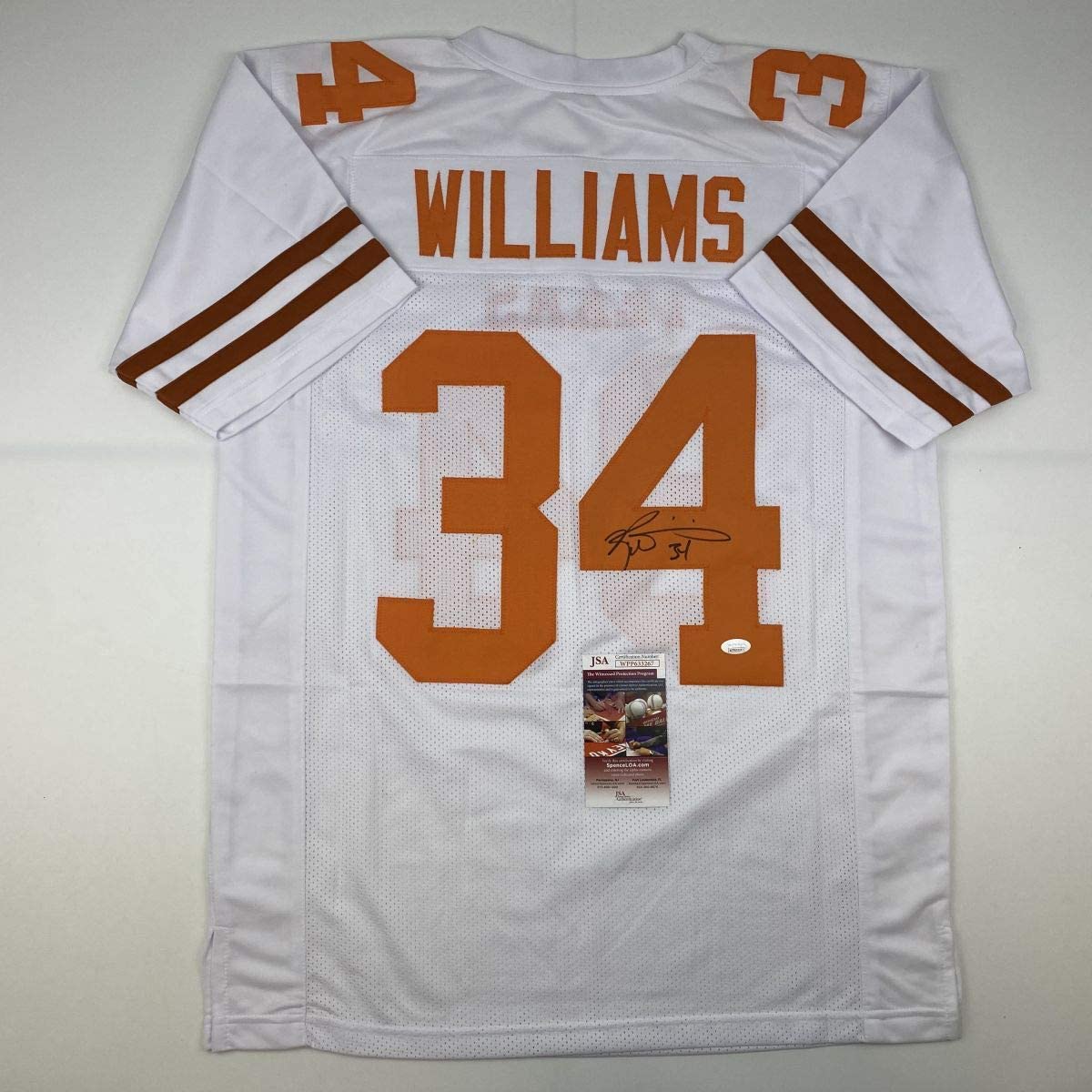 Camiseta de fútbol americano universitario de Texas, blanca, autografiada y firmada por Ricky Williams (JSA COA)