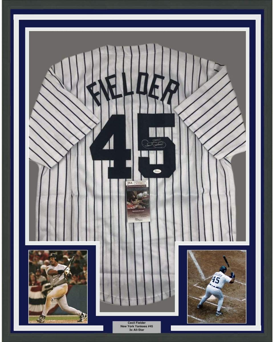 Camiseta de béisbol a rayas de Nueva York de Cecil Fielder, enmarcada, autografiada y firmada, 35 x 39, JSA COA