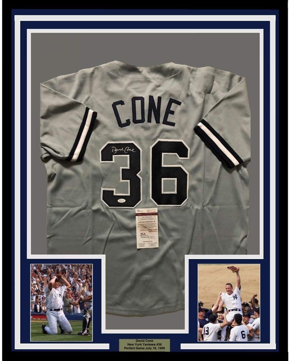Camiseta de béisbol gris de Nueva York de 35 x 39, enmarcada, autografiada y firmada por David Cone (JSA COA)