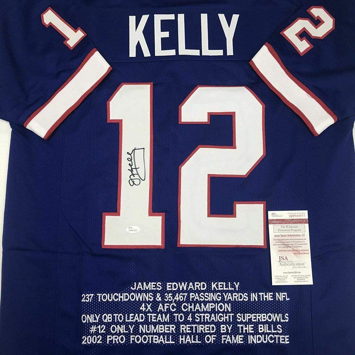 Autographed/Signed Jim Kelly Buffalo Blue Stat Football Jersey JSA COA
