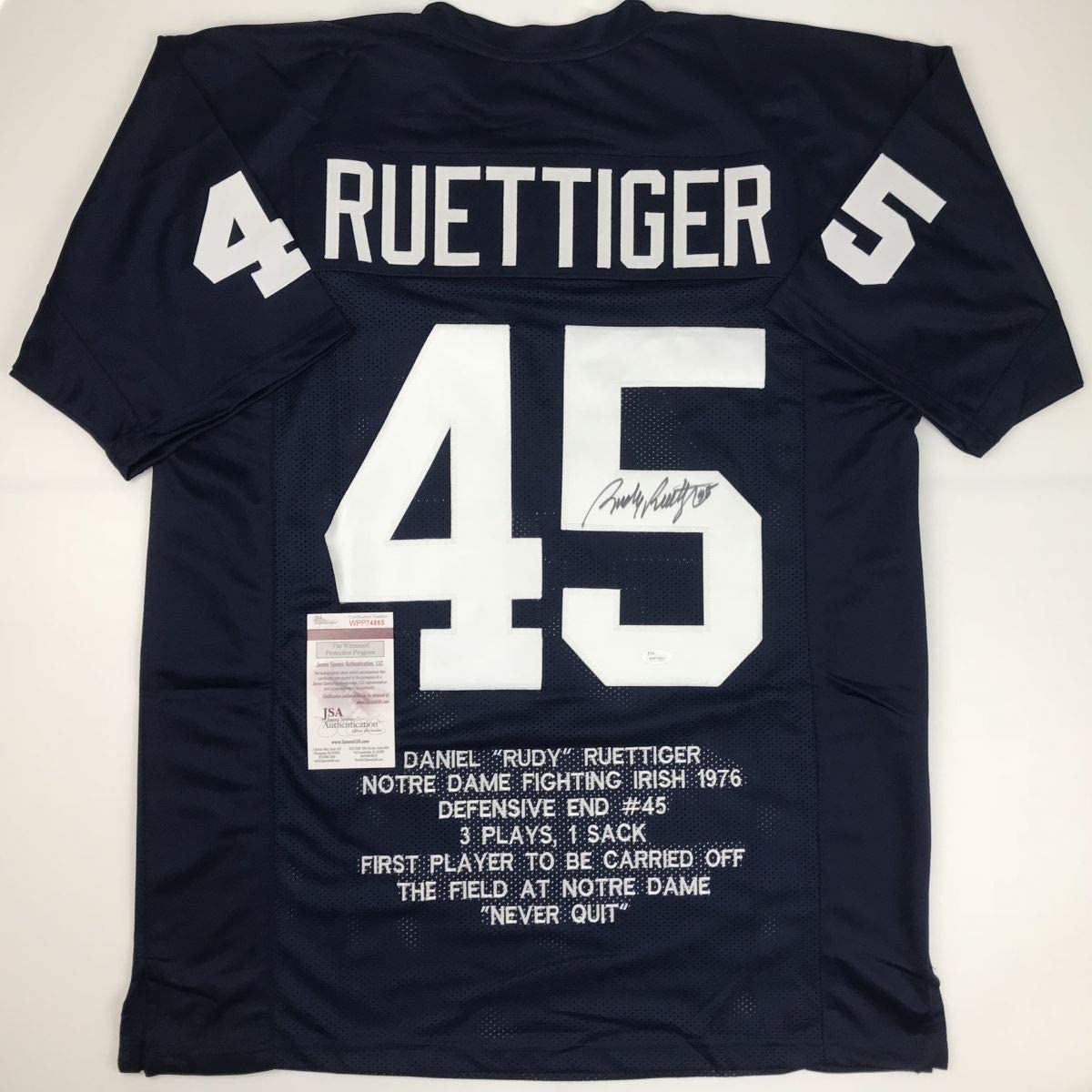 Camiseta de fútbol americano universitario autografiada/firmada por Rudy Ruettiger de Notre Dame Blue Stat JSA COA