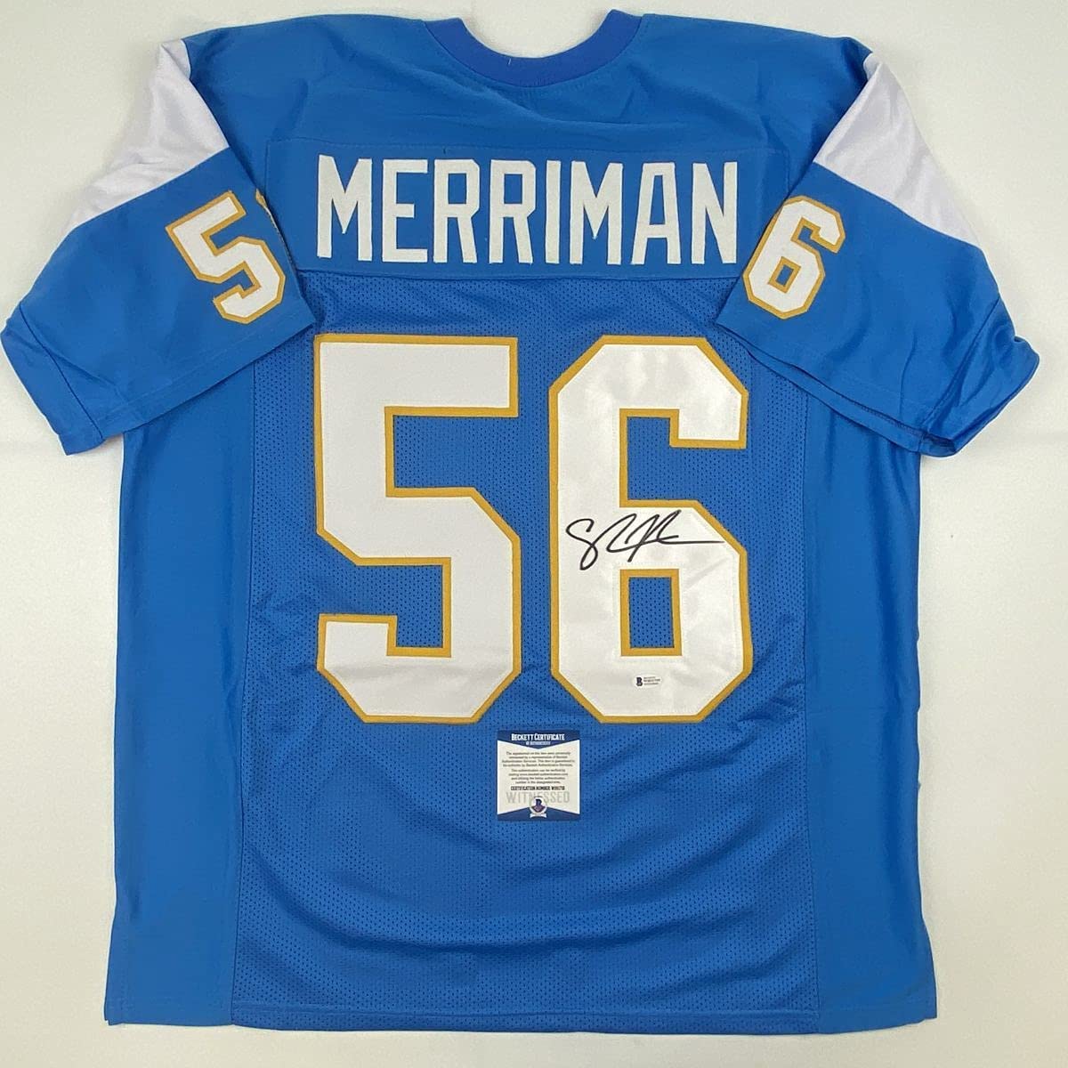 Camiseta de fútbol azul claro de San Diego de Shawne Merriman, autografiada y firmada, Beckett BAS COA