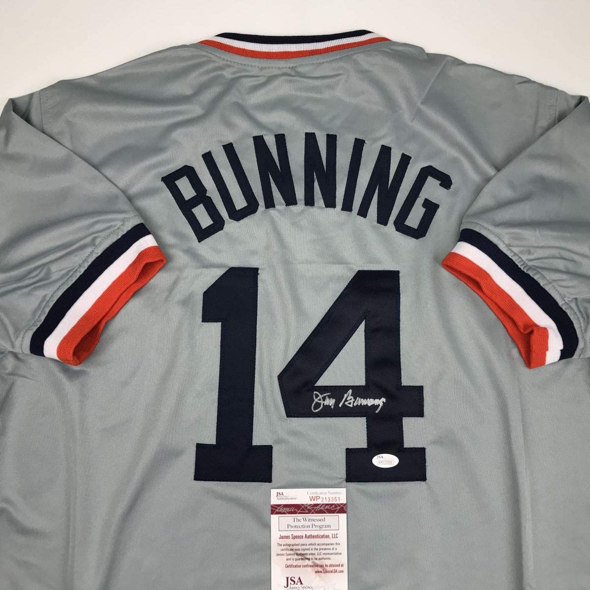 Camiseta de béisbol gris de Detroit autografiada/firmada por Jim Bunning (JSA COA)
