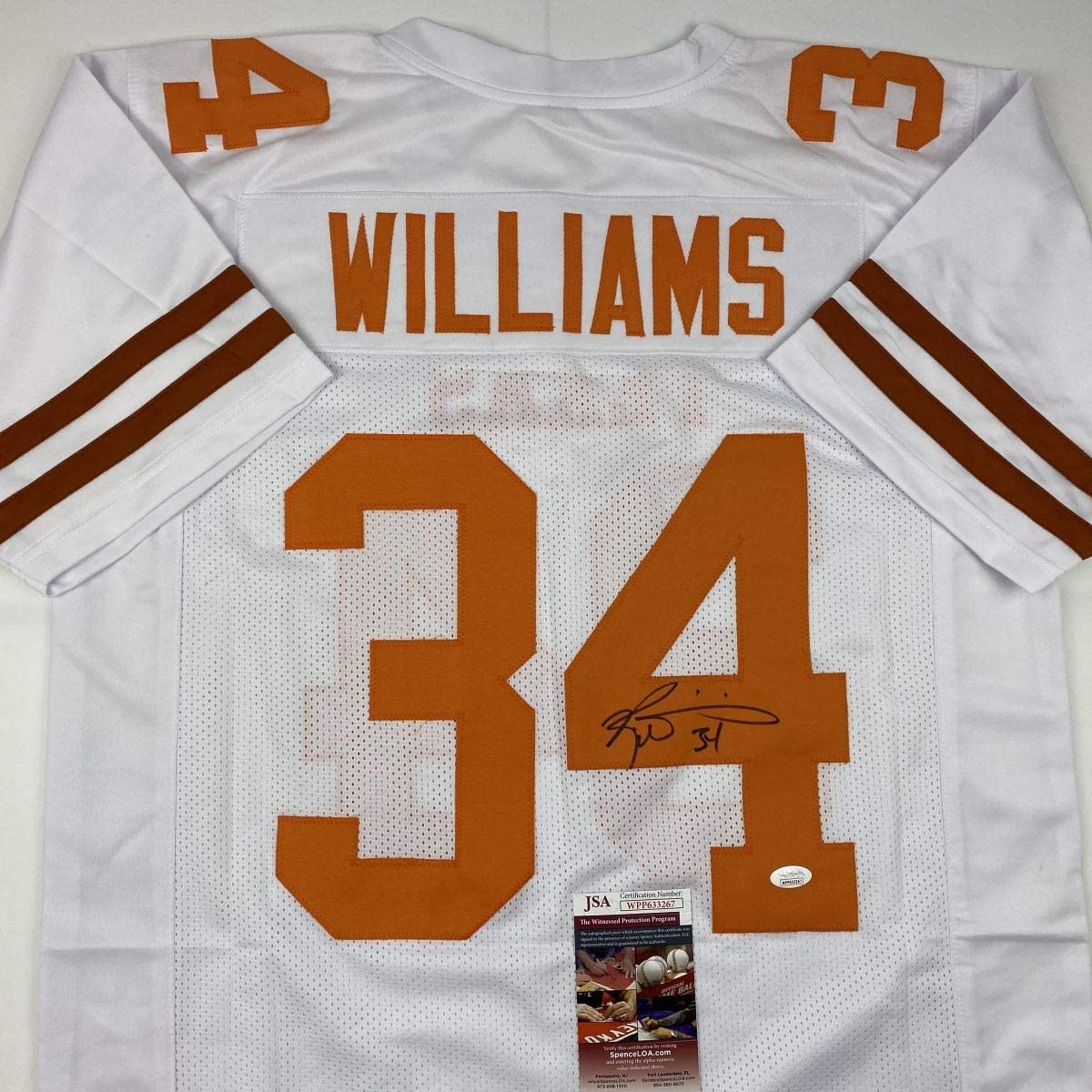 Camiseta de fútbol americano universitario de Texas, blanca, autografiada y firmada por Ricky Williams (JSA COA)