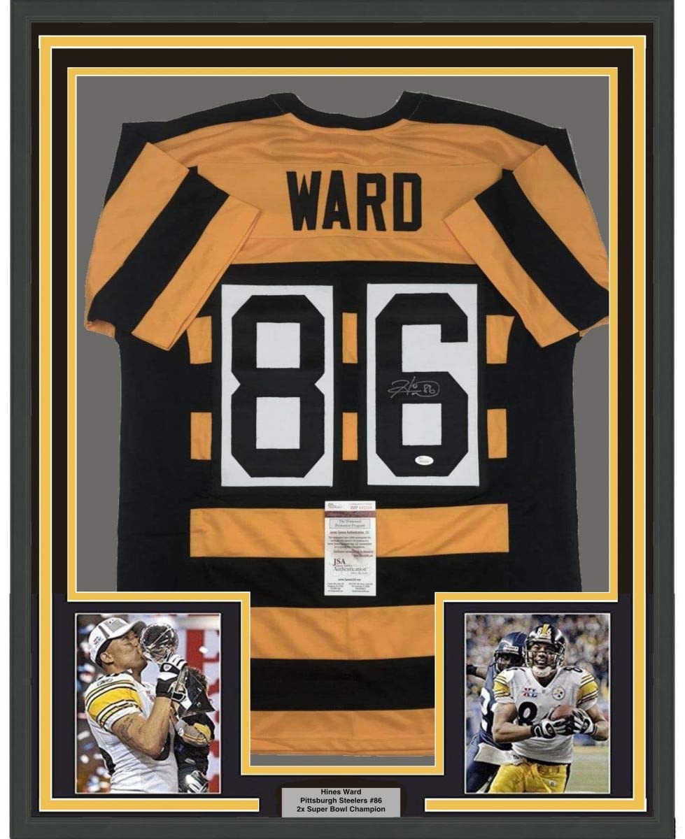 Camiseta de fútbol americano Pittsburgh Bumble Bee de Hines Ward, enmarcada, autografiada y firmada, 35 x 39, JSA COA