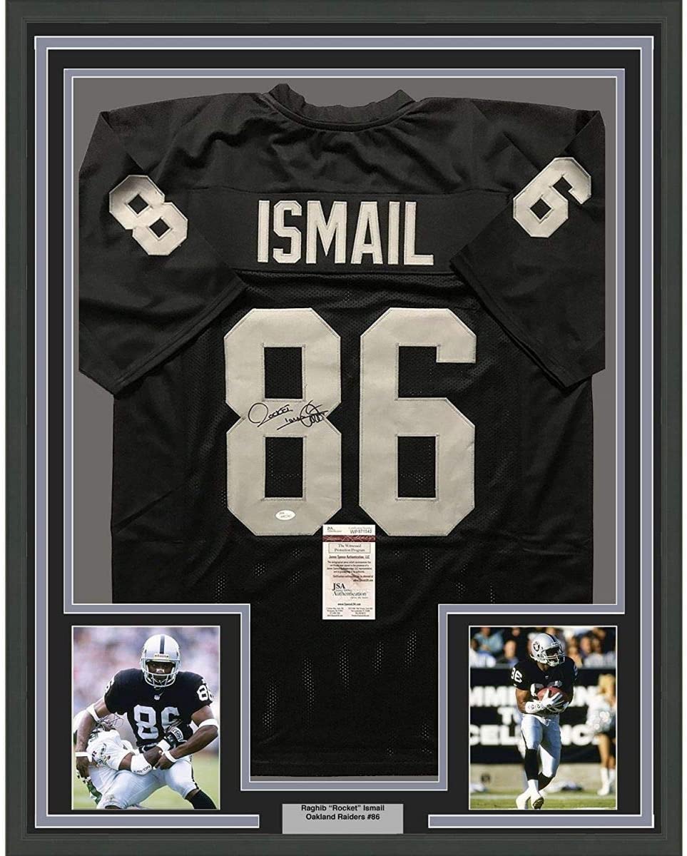 Camiseta de fútbol americano negra de los Oakland Raiders, enmarcada, autografiada y firmada por Raghib Rocket Ismail, 35 x 39, JSA COA