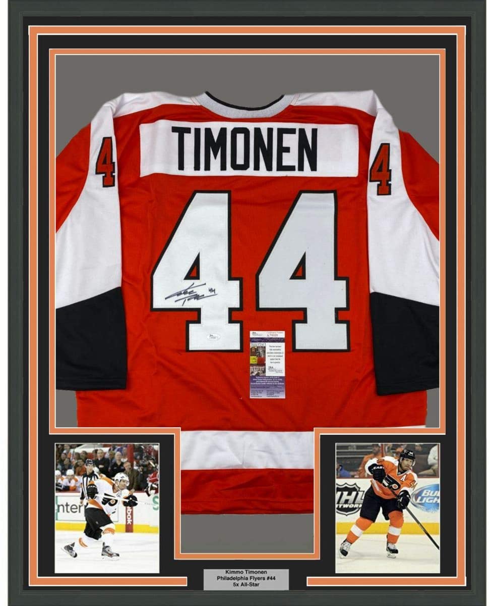 Enmarcado autografiado / firmado Kimmo Timonen 35x39 Philadelphia Orange Hockey Jersey JSA COA