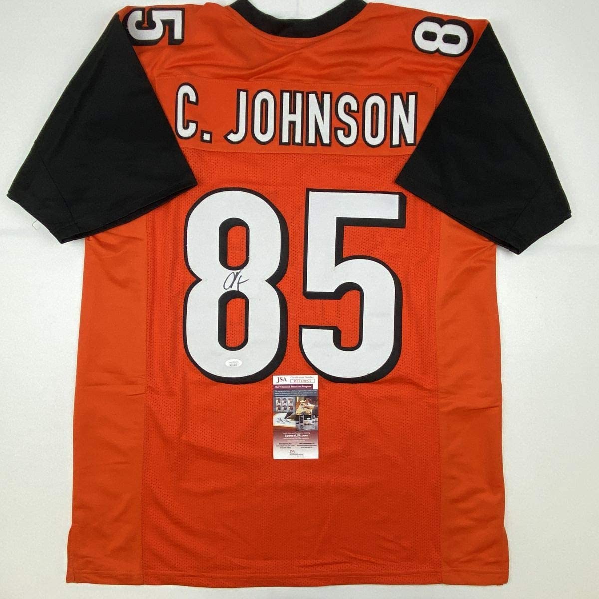 Camiseta de fútbol naranja de Cincinnati autografiada/firmada por Chad Johnson Ochocinco (JSA COA)