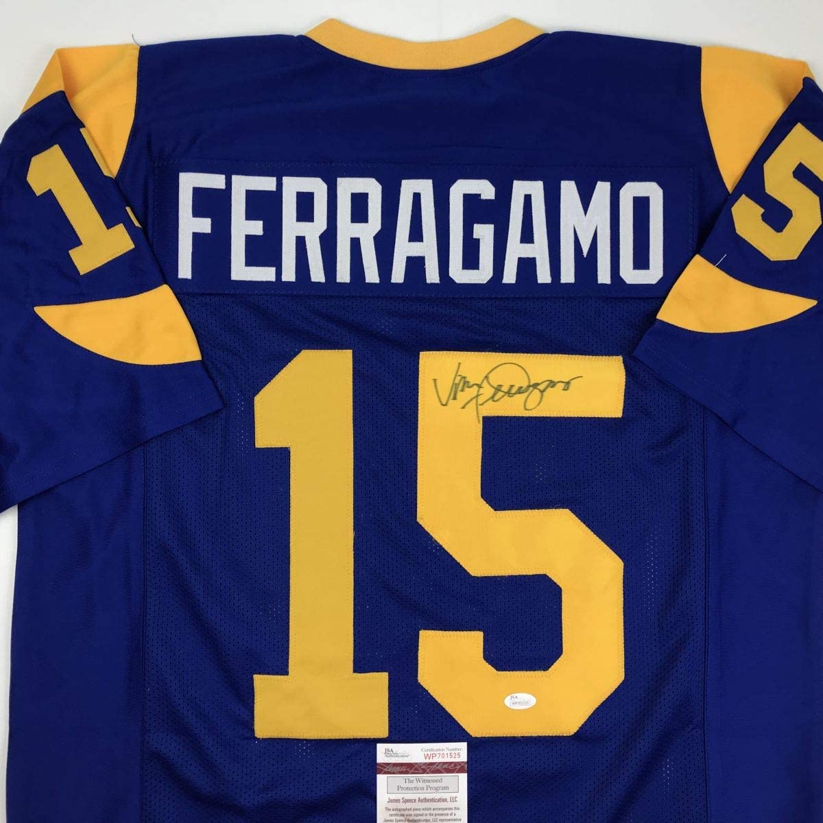 Camiseta de fútbol azul de Los Ángeles LA autografiada/firmada por Vince Ferragamo JSA COA