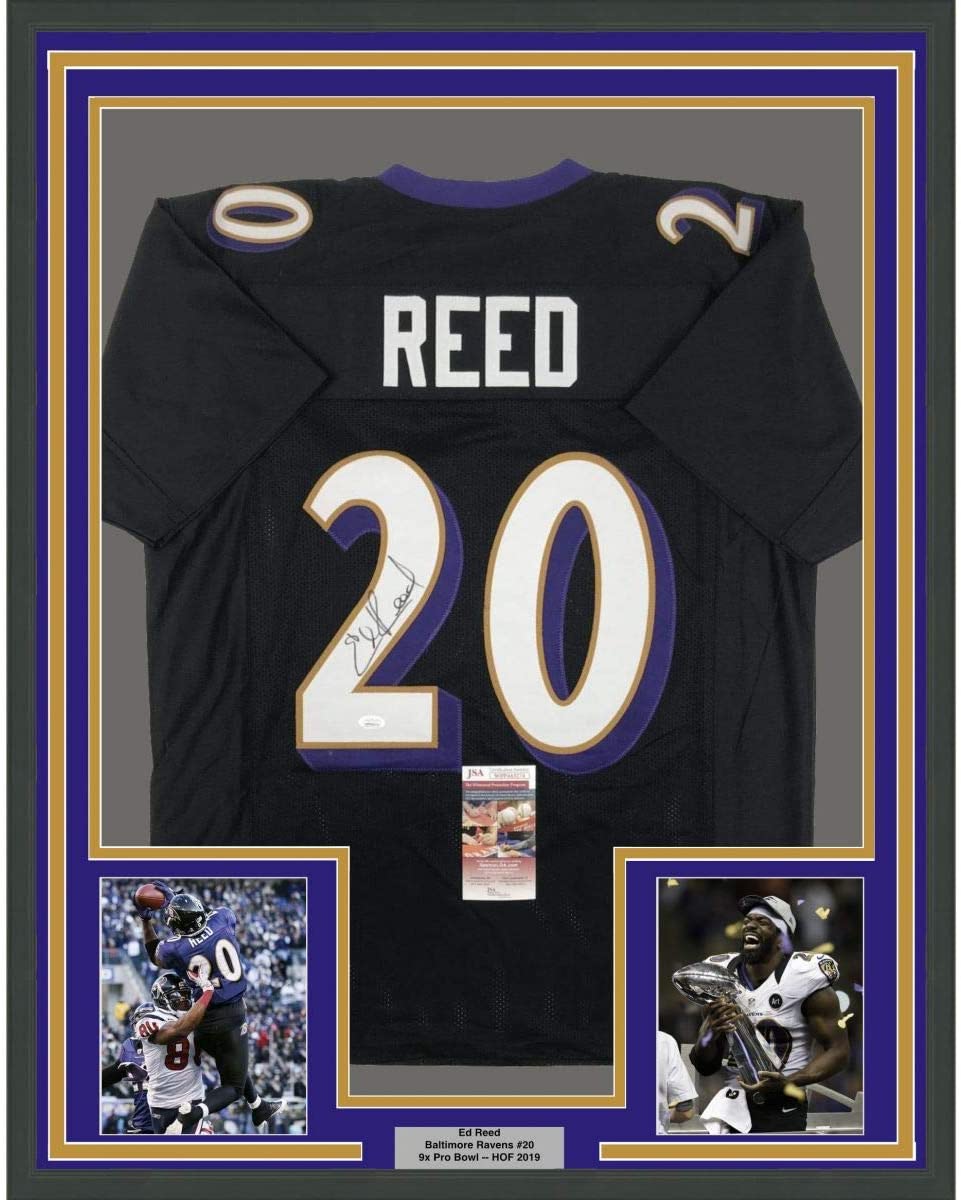 Camiseta de fútbol americano negra de Baltimore, enmarcada, autografiada y firmada por Ed Reed, 35 x 39, JSA COA